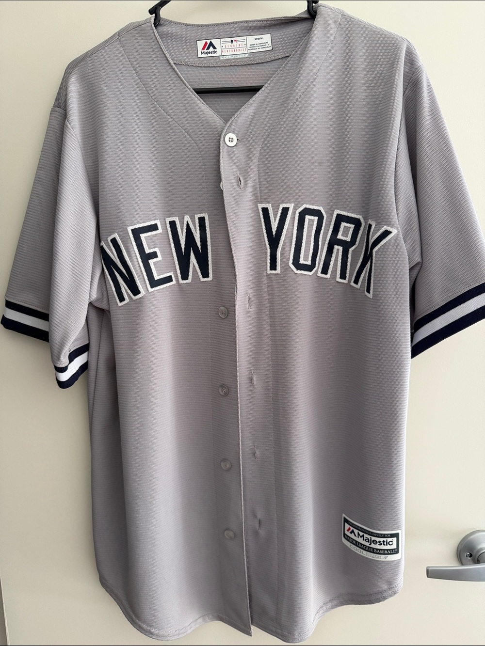 Majestic Grey New York Yankees Button-Up Baseball Jersey with Navy Trim